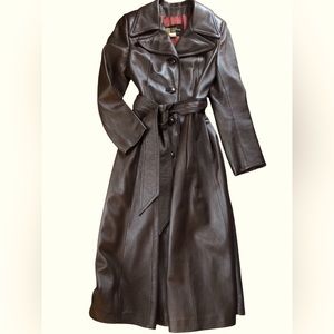 Leather Belted Trench Coat Sz. 10 Brown Lined Long